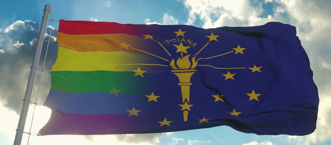 Flag of Indiana and LGBT. Indiana and LGBT Mixed Flag waving in wind. 3d rendering.