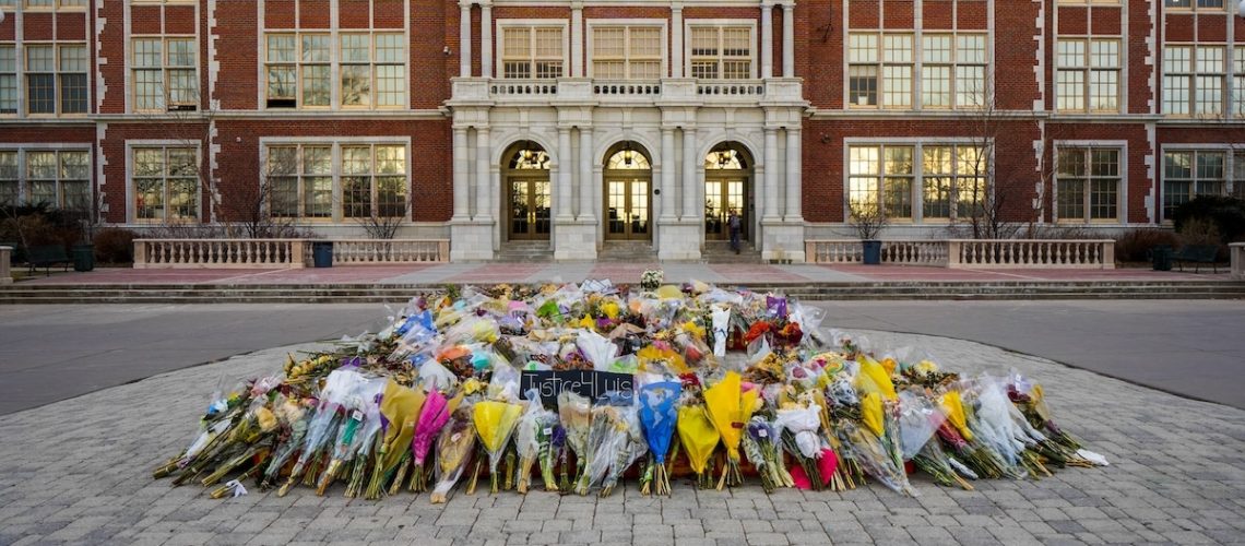 Denver, Colorado, United States - 3.6,2023: East High School, flowers and memorial for a death of a 16-year-old student who was shot near the school in February 2023. 17th Avenue and Esplanade street