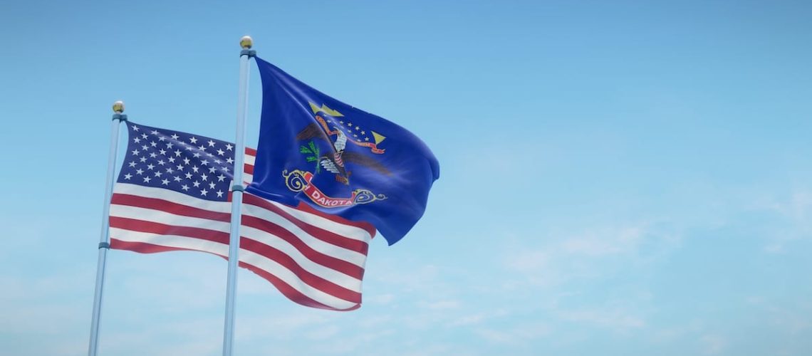 Courtroom scene with US flag and state seal and flag of the state of North Dakota. 3d rendering