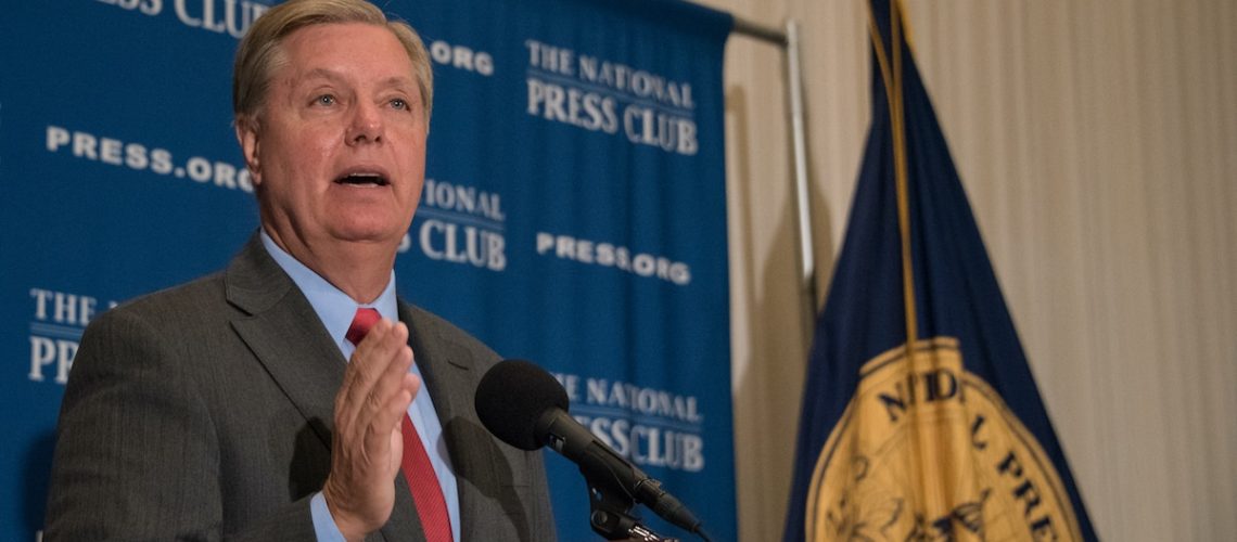 Washington, DC - September 8, 2015: Senator Lindsey Graham, candidate for the Republican presidential nomination, speaks at a National Press Club luncheon.